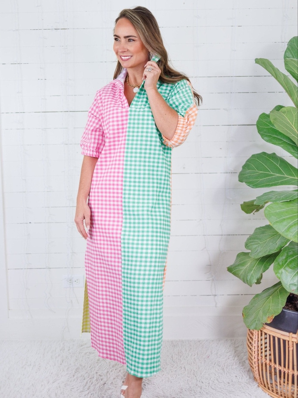 NWT Adrienne Blakely Collared Midi Dress - Multi Seersucker Gingham Large